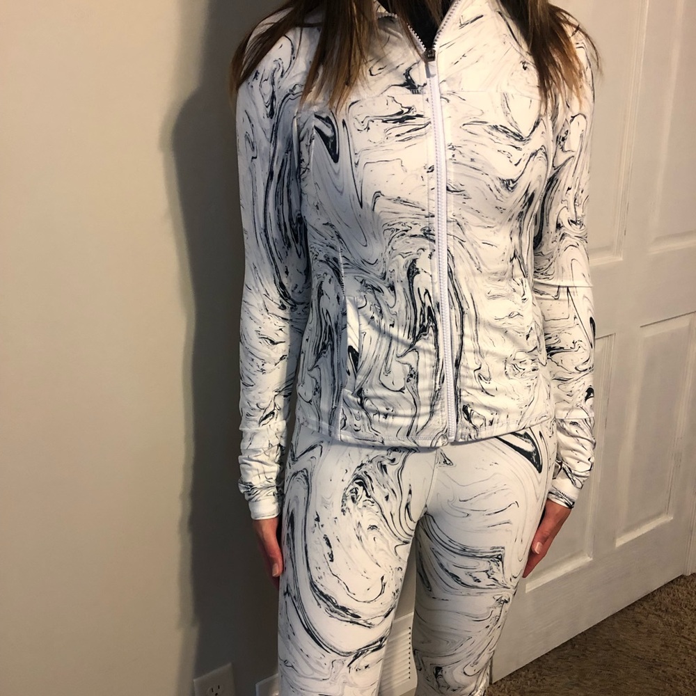 Black and white marble leggings and matched zip up jacket